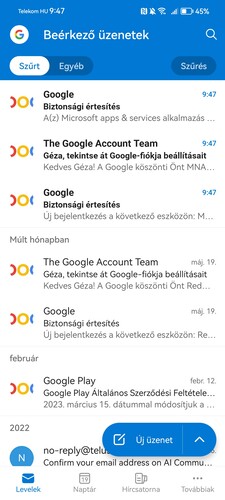 Az Outlook, benne egy Gmail-fiókkal