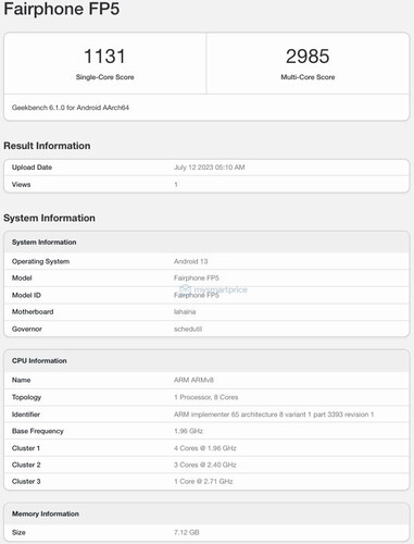 A Fairphone 5 eredményei a Geekbench 6 teszten