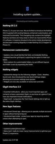 Nothing OS 2.0-s frissítés a Phone (1)-re