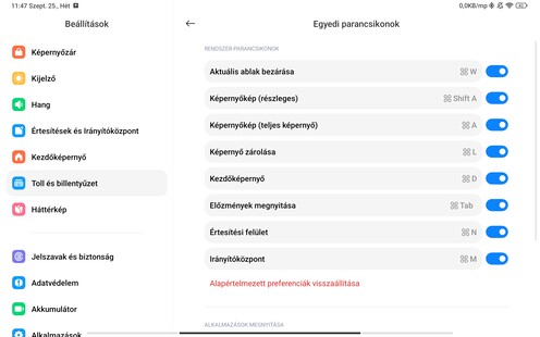 A billentyűzetes tokra vonatkozó beállítási lehetőségek