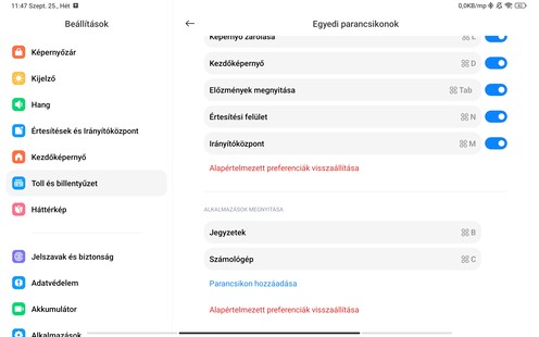 A billentyűzetes tokra vonatkozó beállítási lehetőségek