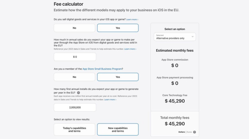 A fejlesztők egy ilyen felületen kalkulálhatják majd ki, mennyi lesz az Apple felé fizetendő alaptechnológiai díj alkalmazásuk után