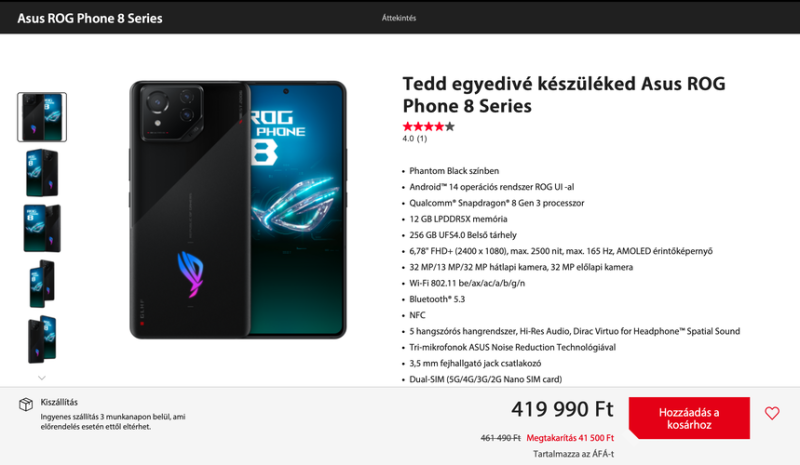 A hivatalos gyártói webshopban negyvenezer forintos kedvezménnyel rendelhető a ROG Phone 8