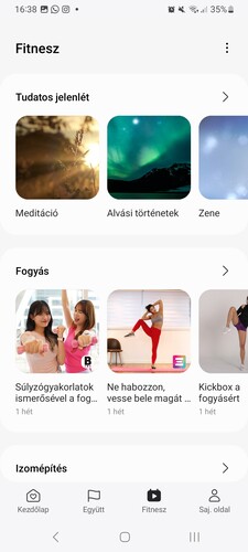 A közösségi funkciók mellett a Samsung Health rendelkezik edzésinstrukciókkal és edzéstervekkel is, amiket telefonon vagy tv-n lejátszva, pulzusunkat a pánttal mérve követhetünk