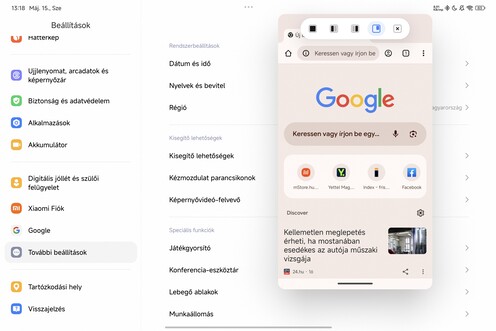 Főképernyő és lebegő ablakban megnyitott alkalmazás normál módban