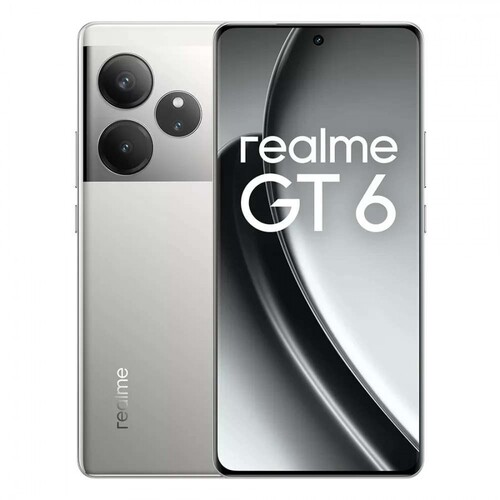 A Realme GT 6 ezüst színben