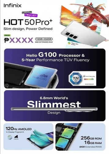 Hivatalosnak tűnő promóciós anyag az Infinix Hot 50 Pro+ telefonhoz
