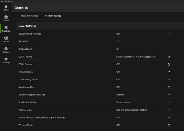 Az NVIDIA App grafikai menüjének aktuális állapota