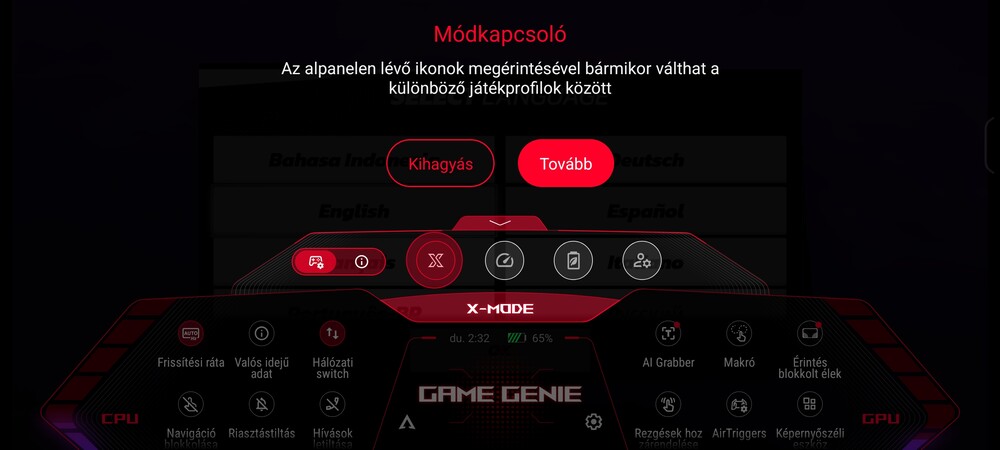 X-mód beállítási panel