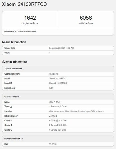 A Redmi Turbo 4 / Poco X7 Pro eredménye a Geekbench 6 teszten