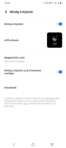 A kijelzőre vonatkozó beállítási lehetőségek