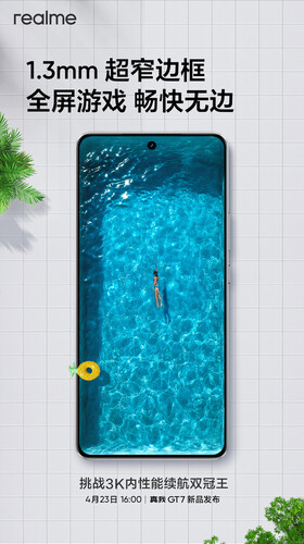 A Realme GT7 kijelzője és kamerái. Érdekes, hogy csak a kék színű modell kapott színes bekapcsoló gombot