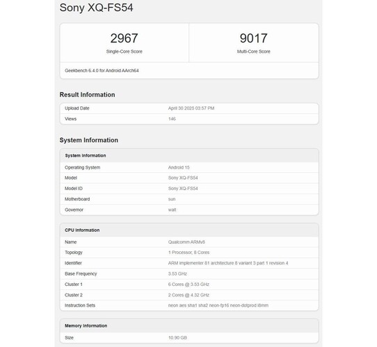 Az Xperia 1 VII eredményei a Geekbench 6-os szintetikus teszten