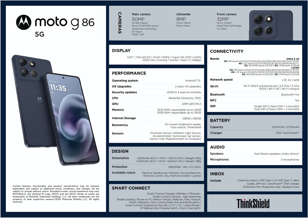 A Motorola G86 5G hivatalosnak tűnő specifikációja