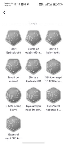 Az órára vonatkozó beállítások, megnyitható virtuális érmek