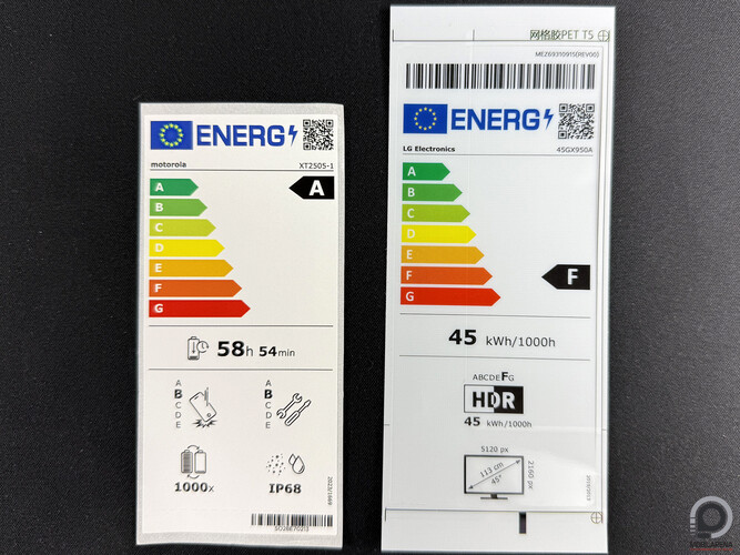 Balra a Motorola Edge 60 okostelefon, jobbra az LG UltraGear GX9 (45GX950A) monitor energiahatékonysági címkéje