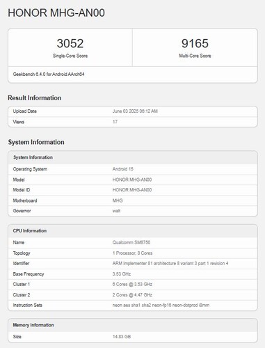 A Honor Magic V5 kínai változatának eredménye a Geekbench teszten