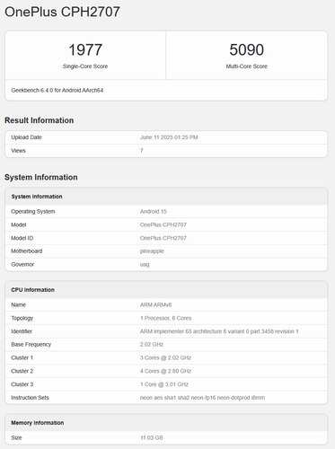 A OnePlus Nord 5 eredménye a Geekbench 6 teszten