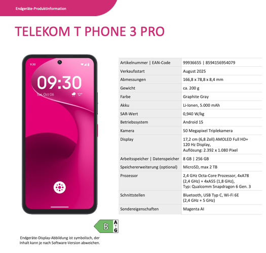 A T Phone 3 Pro specifikációi a német Telekom oldaláról