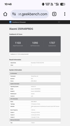 A Poco Pad M1-es táblagép eredménye a Geekbench AI teszten