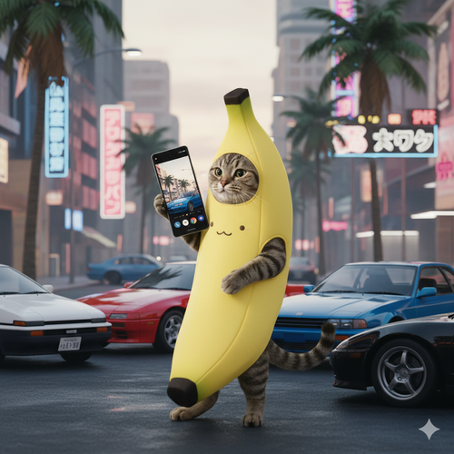 Gemini 2.5 Flash, alias Nano Banana által készített kép. „Generálj nekem egy képet, amin egy szürke, cirmos macska egy sárga banán formájú jelmezt visel. A macska kezében legyen egy Google Pixel 10 Pro okostelefon, és tegyen úgy, mintha épp fotózna a telefonnal. A háttérben legyenek a 80-as évek Japán autói.”