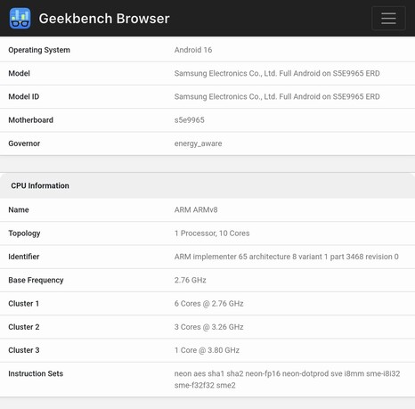 Feltételezhetően ezek egy Exynos 2600 prototípus eredményei és specifikációi a Geekbench adatbázisában