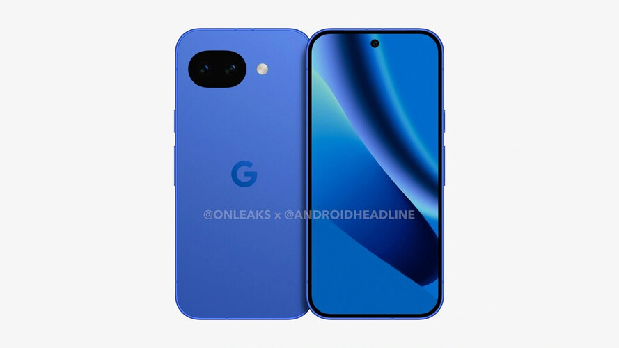 CAD alapú renderképen sötétkék színben a Google Pixel 10a
