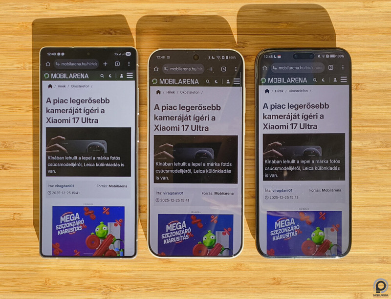 A Galaxy S25 Ultra, a OnePlus 15 és a Magic8 Pro napfény alatti maximuma, Chrome