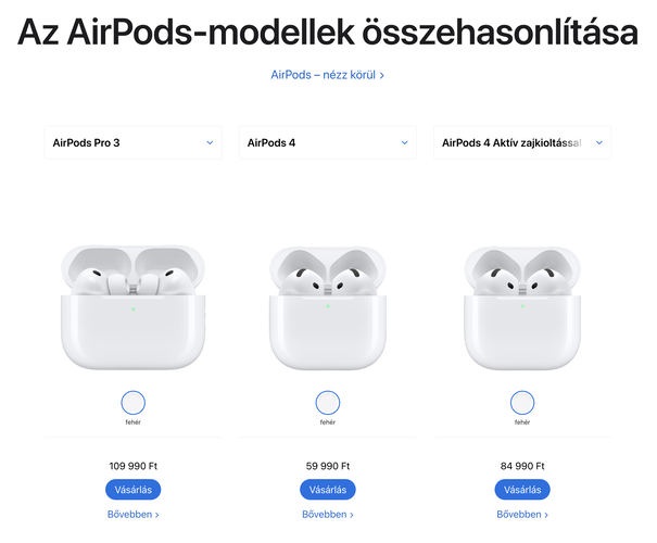 A cikk írásakor aktuálisan kapható AirPods fülhallgatók összehasonlítása az Apple saját weboldalán
