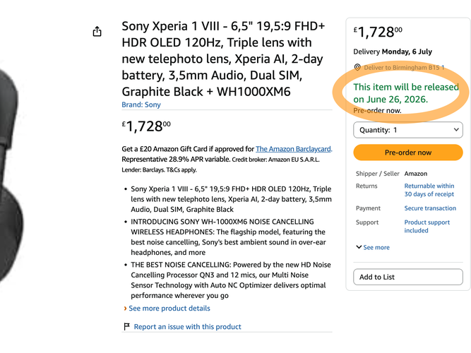 Az Xperia 1 VIII idő előtt aktiválódott termékoldala a brit Amazonon