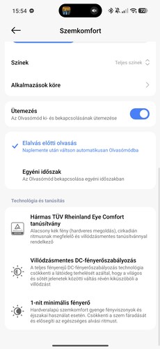 A kijelzőre és a Szemkomfort módra vonatkozó beállítások
