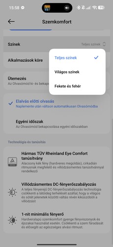 A kijelzőre és a Szemkomfort módra vonatkozó beállítások