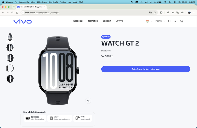 A Vivo Watch GT 2 ára a gyártó magyar weboldalán