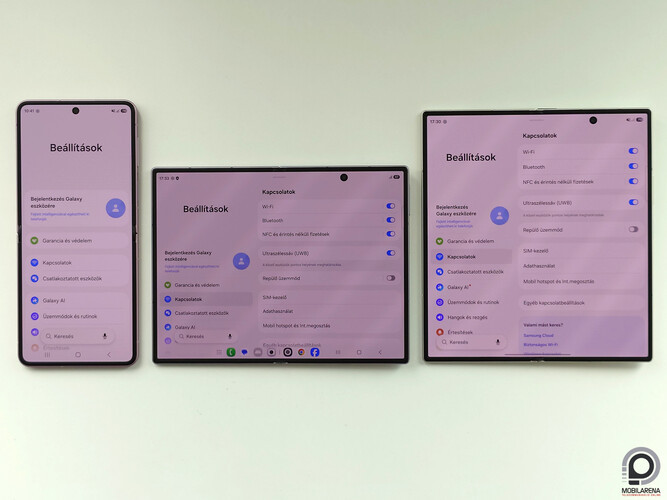 Balról jobbra: kinyitott állapotában a Samsung Galaxy Z Flip9, Galaxy Z Fold8, Galaxy Z Fold8 Ultra