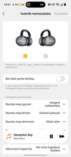 A gombokra vonatkozó beállítások az EarFun Audio alkalmazásban