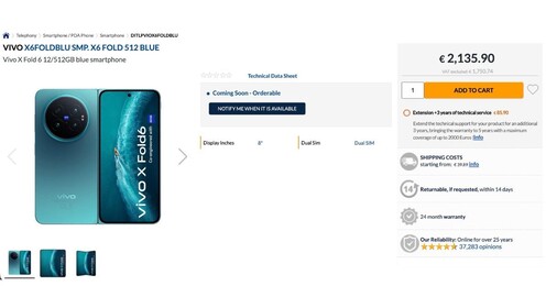 Egy olasz webshop alapján 2000 euró felett startol a Vivo X Fold 6