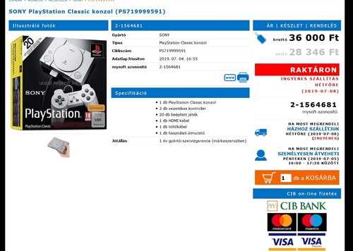 PlayStation Classic Mini játékkonzol HDMI, 20-játék 2db-USB Kontroller