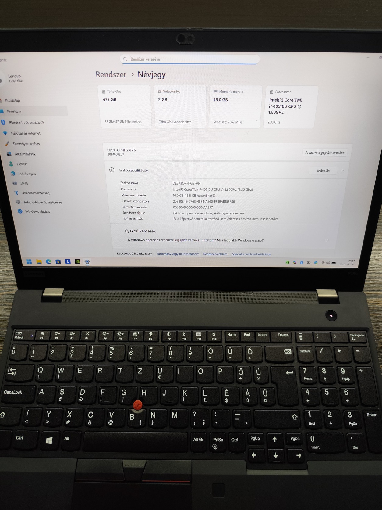 Lenovo P15S Reconditionné - I7-10510U, 32Go RAM, 500Go SSD, Quadro P520, 15.6" FHD