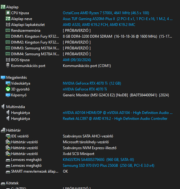 Ryzen 7 5700X /RTX ROG STRIX 4070Ti 12GB / 32GB DDR4 (alkatrészenként ...