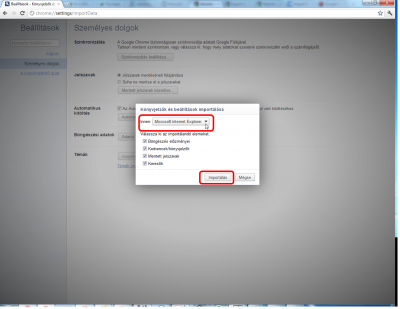 Csavarkulcs - Beállítások - Személyes dolgok - Adatok importálása egy másik böngészőből... - IE