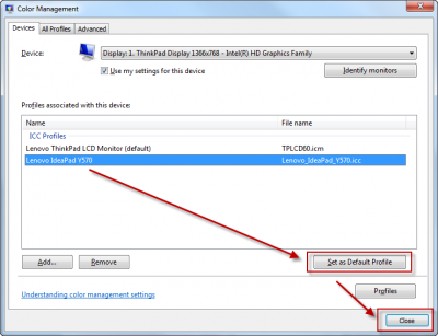 Lenovo Y570 - Advanced settings - Color Management - Lenovo IdeaPad Y570 ICC - Set as Default Profile