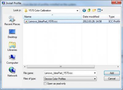 Lenovo Y570 - Advanced settings - Color Management - Add - Browse...