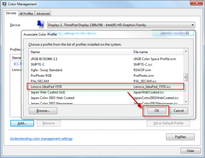 Lenovo Y570 - Advanced settings - Color Management - Add - Lenovo IdeaPad Y570 ICC