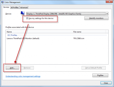 Lenovo Y570 - Advanced settings - Color Management - Add