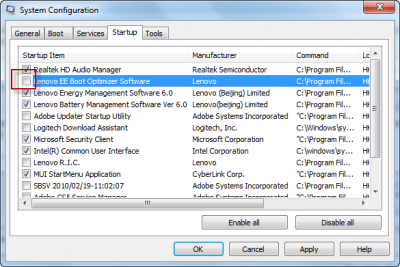 msconfig - disable Lenovo EE Boot Optimizer