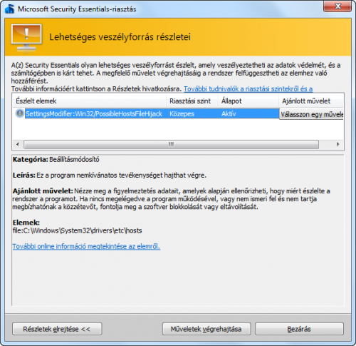 C:\Windows\System32\drivers\etc\hosts módosítás: 127.0.0.1 facebook.com - Microsoft Security Essentials figyelmeztetés