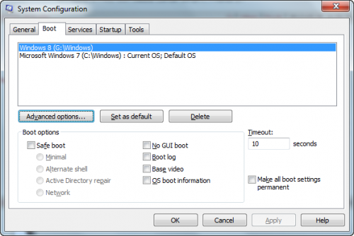 Windows 7 + Windows 8: Win+R > msconfig > Boot