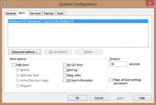 Windows 8: Win+R > msconfig > Boot