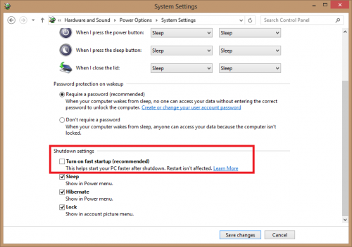 Windows 8: Turn on fast startup - OFF