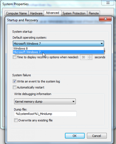 Windows 7 + Windows 8: Win+Pause > Advanced System Settings > Advanced > Startup and Recovery